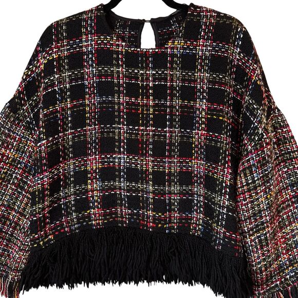 Zara Top Woman's Small Loose Fit Tweed‎ Top Fringe Multi-Color Boho Bell Sleeve - Picture 6 of 12